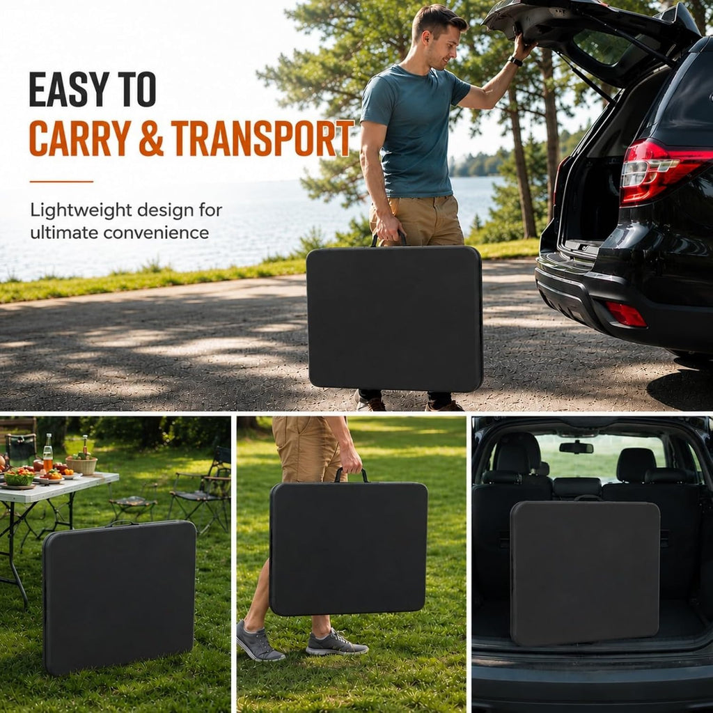 Folding Table 6ft, Heavy Duty Plastic Fold-in-Half Utility Table, Black | Portable Utility Table,HDPE Top,Carry Handle,Sturdy Steel Legs,Indoor Outdoor for Parties,Camping,Dining,Supports 330 lbs