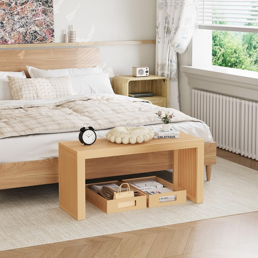 Bamboo Dining Bench, 35 inch Farmhouse Decor Indoor Kitchen Table Bench, Entryway Shoe Rack Bench, Outdoor Bench, Solid Bamboo Benches for Living Room, Hallway, Bedroom