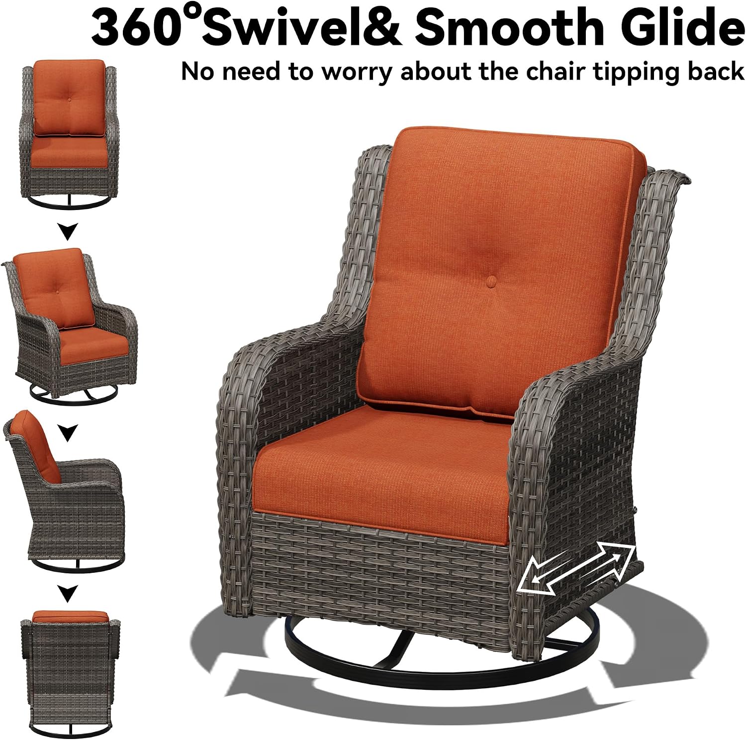 Outdoor Swivel Rocker Patio Chair - Outdoor Wicker Patio Furniture with Thickened Olefin Cushions, High Back and Deep Seating, Hand-Woven PE Rattan for Porch, Deck, Balcony, Orange
