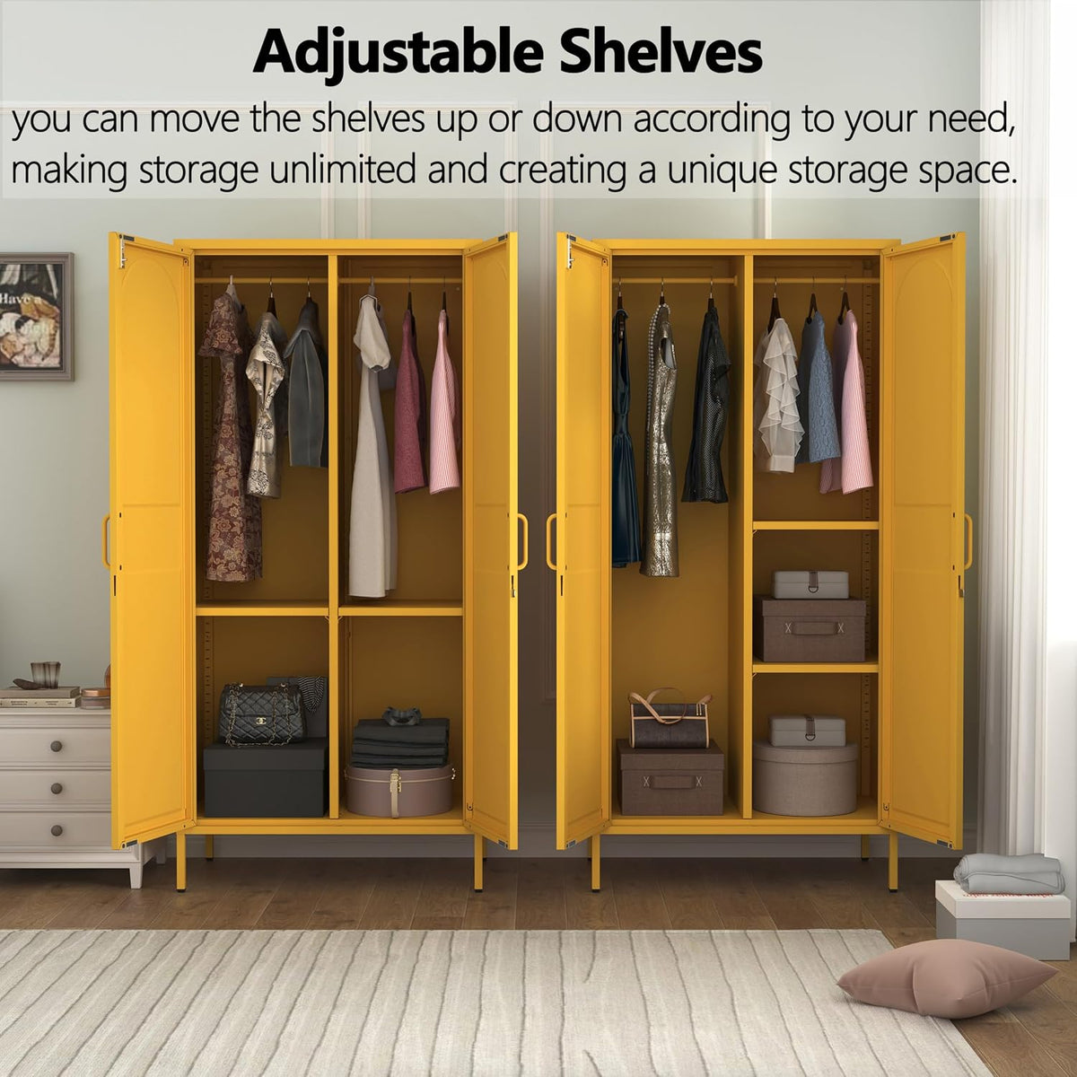 67 Inch Lockable Yellow Steel Wardrobe Storage Cabinet, Freestanding Metal Armoire Locker with Hanging Rod and Adjustable Shelves, Heavy Duty Clothing Storage Locker for Bedroom Apartment Home Use