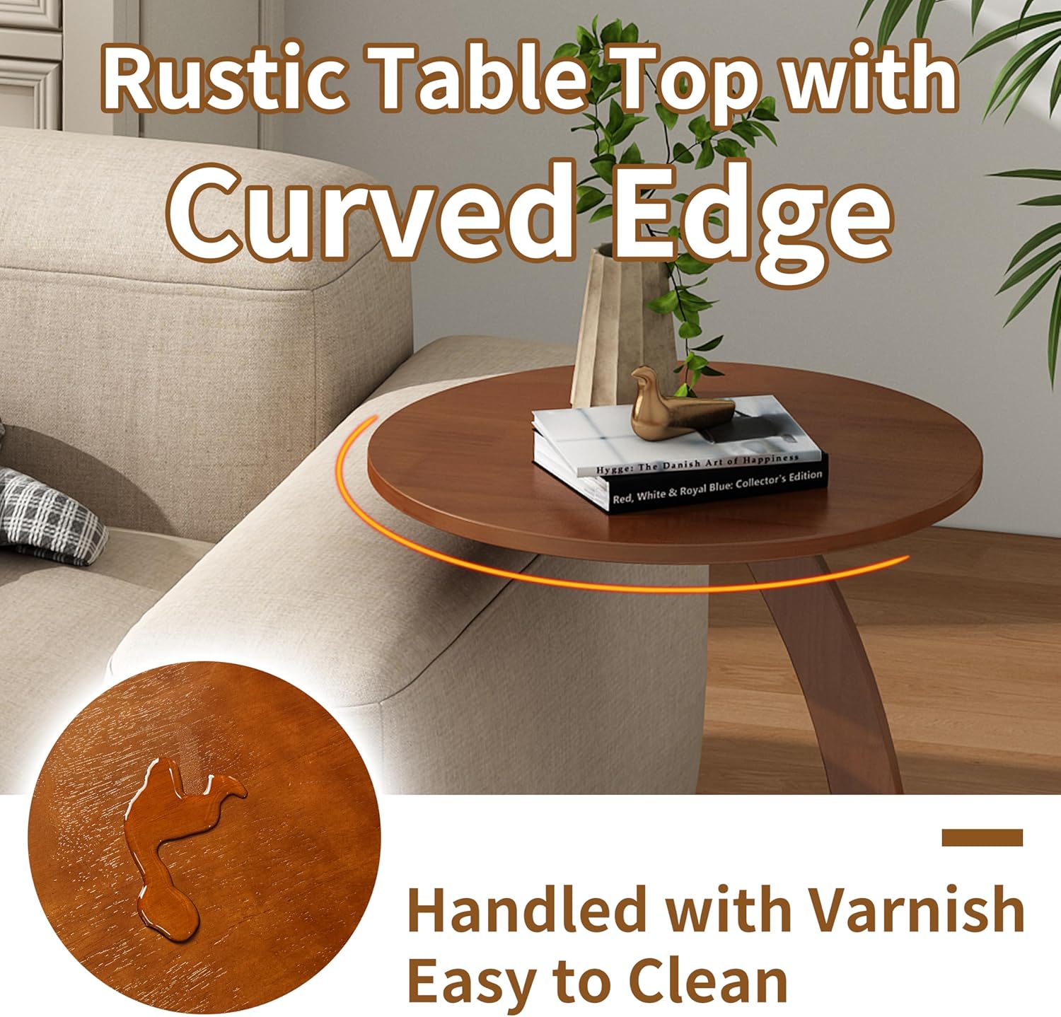 C Shaped End Table, Small Round Side Table for Couch, Slide Under Sofa Tray Desk for Living Room Bedroom, Solid Wood TV Tray Table for Narrow Space (15” Chestnut)