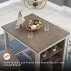 Signature Design by Ashley Skempton 3-Piece Counter Height Dining Table Set | Two-tone acacia wood set, 3 built-in open shelves, 2 upholstered saddle stools, Space-saving tuck-away design, Dining room