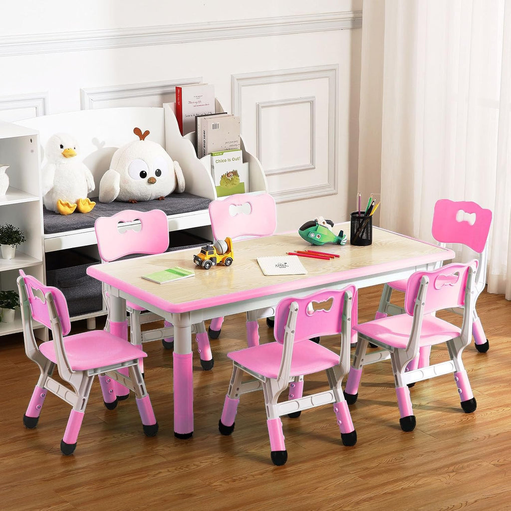 GarveeHome Kids Table and 6 Chair Set - Height Adjustable, Multifunctional Desk, Ergonomically Designed Chairs, Max 300 LBS, for Ages 2-10, Classroom, Daycares, Home