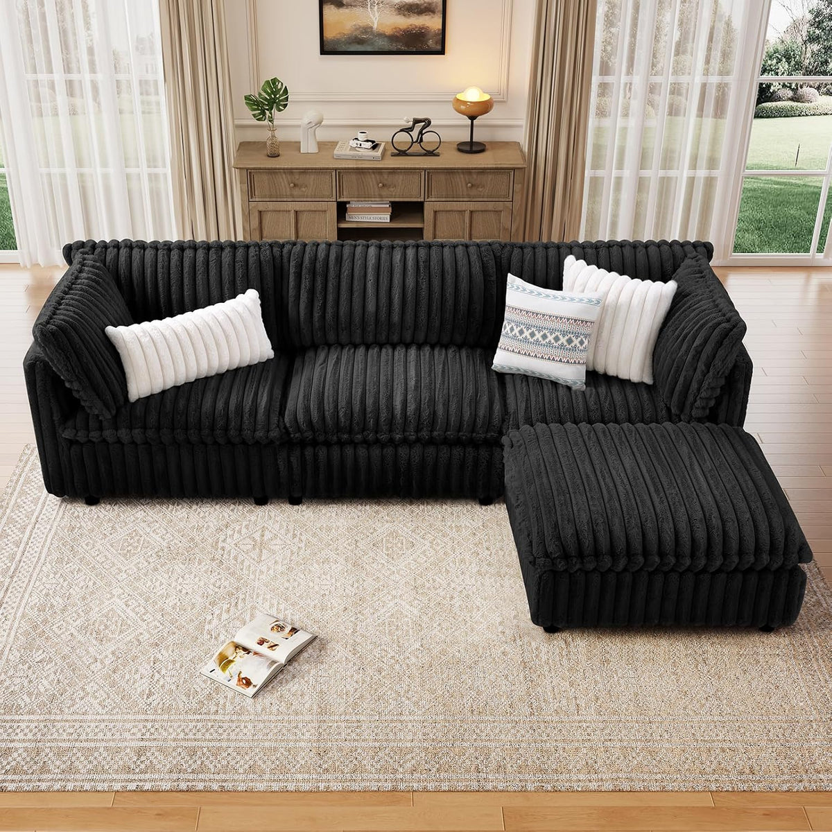 KKL Sectional Modular Couch for Living Room, L Shaped Corduroy Couches with 1 Ottomans, 4 Seater Oversized Sofa, Soft Fabric Modern Sofa, Black