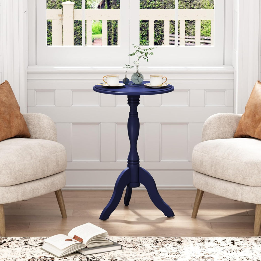HLR Round Small End Table, Wooden Pedestal Side Coffee Tables, Vintage Accent Nightstand for Living Room, Bedroom, Entryway, Dark Blue