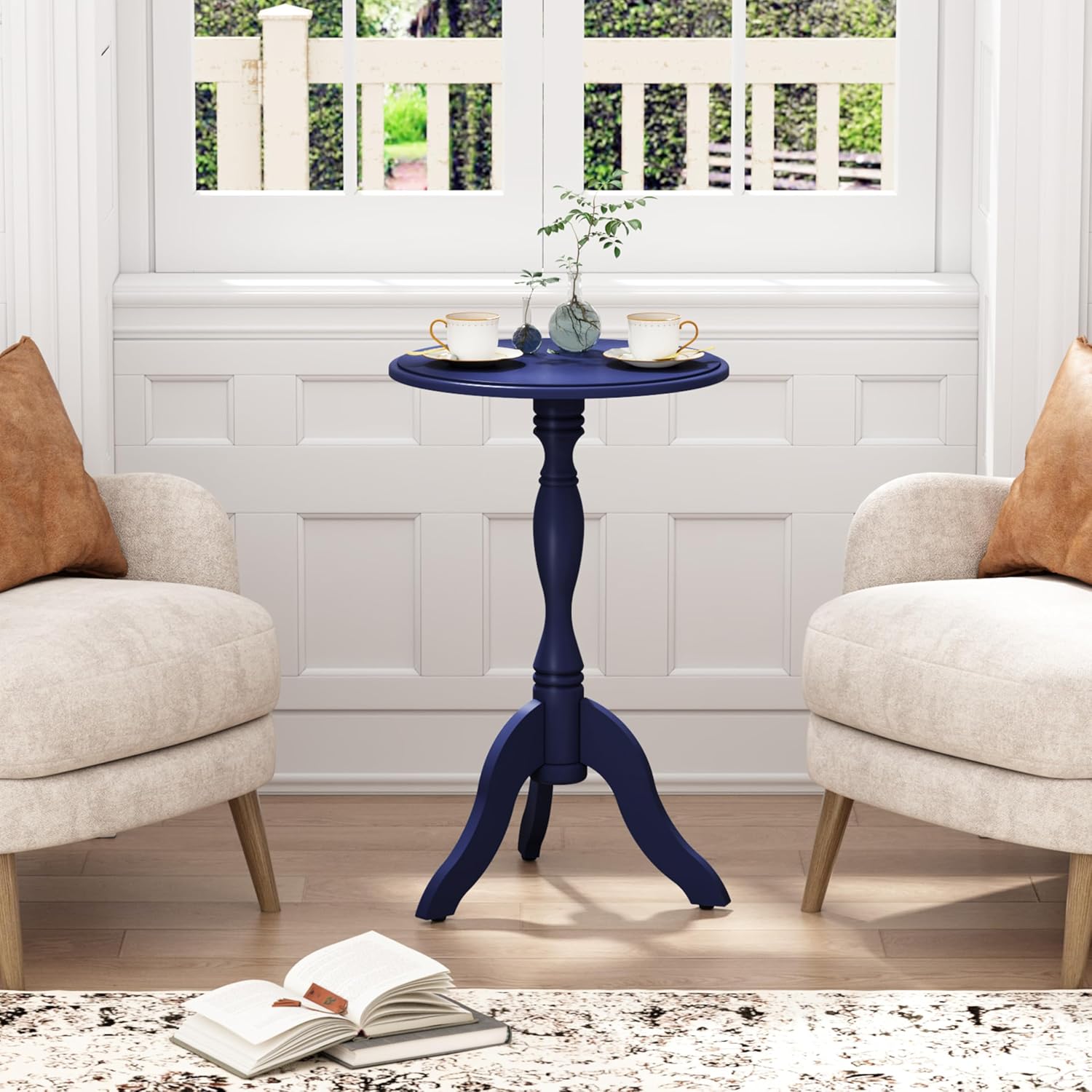 HLR Round Small End Table, Wooden Pedestal Side Coffee Tables, Vintage Accent Nightstand for Living Room, Bedroom, Entryway, Dark Blue