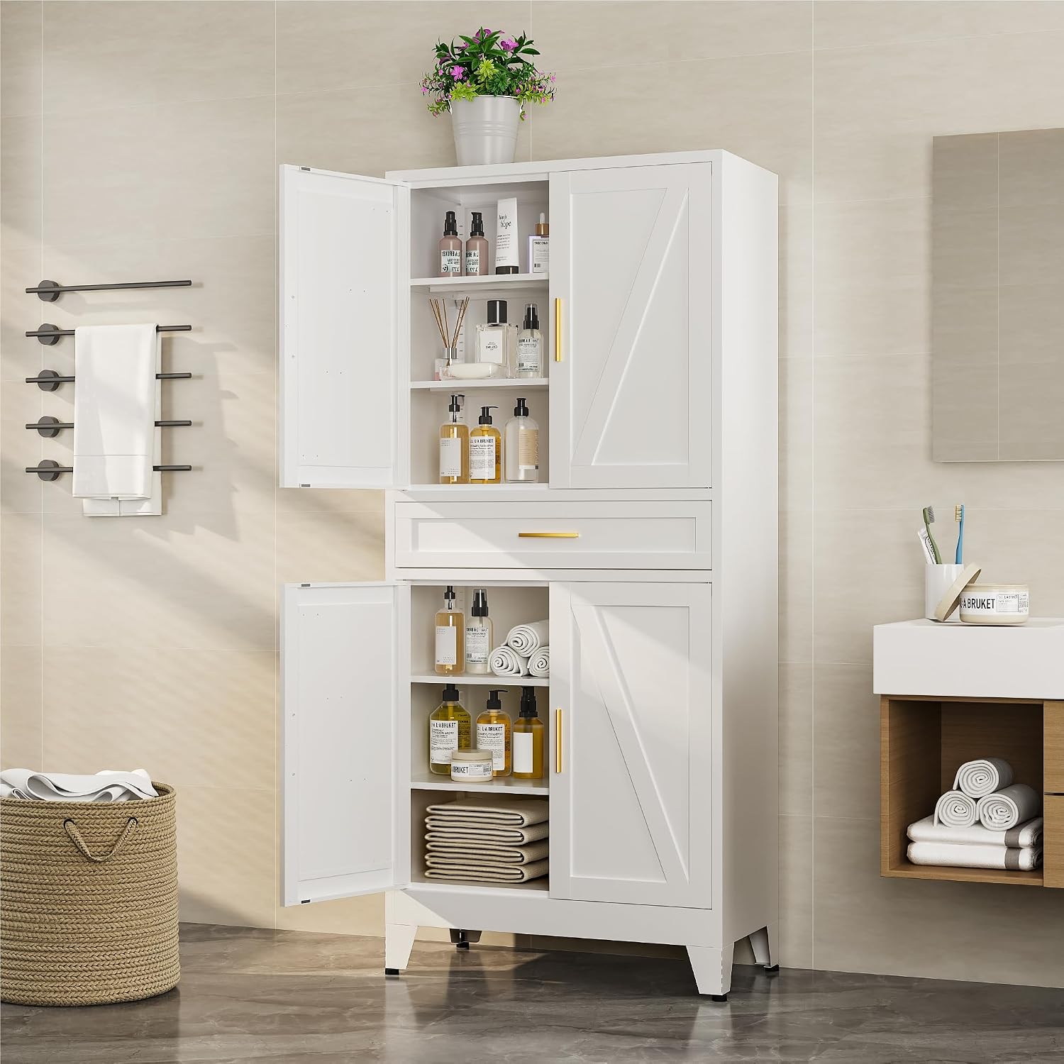 Bevivog Tall Pantry Cabinet with Drawers, 71" Metal Storage Cabinets with Doors and Shelves, 4 Doors Freestanding Cupboard for Kitchen/Office/Dining Room/Living Room/Laundry