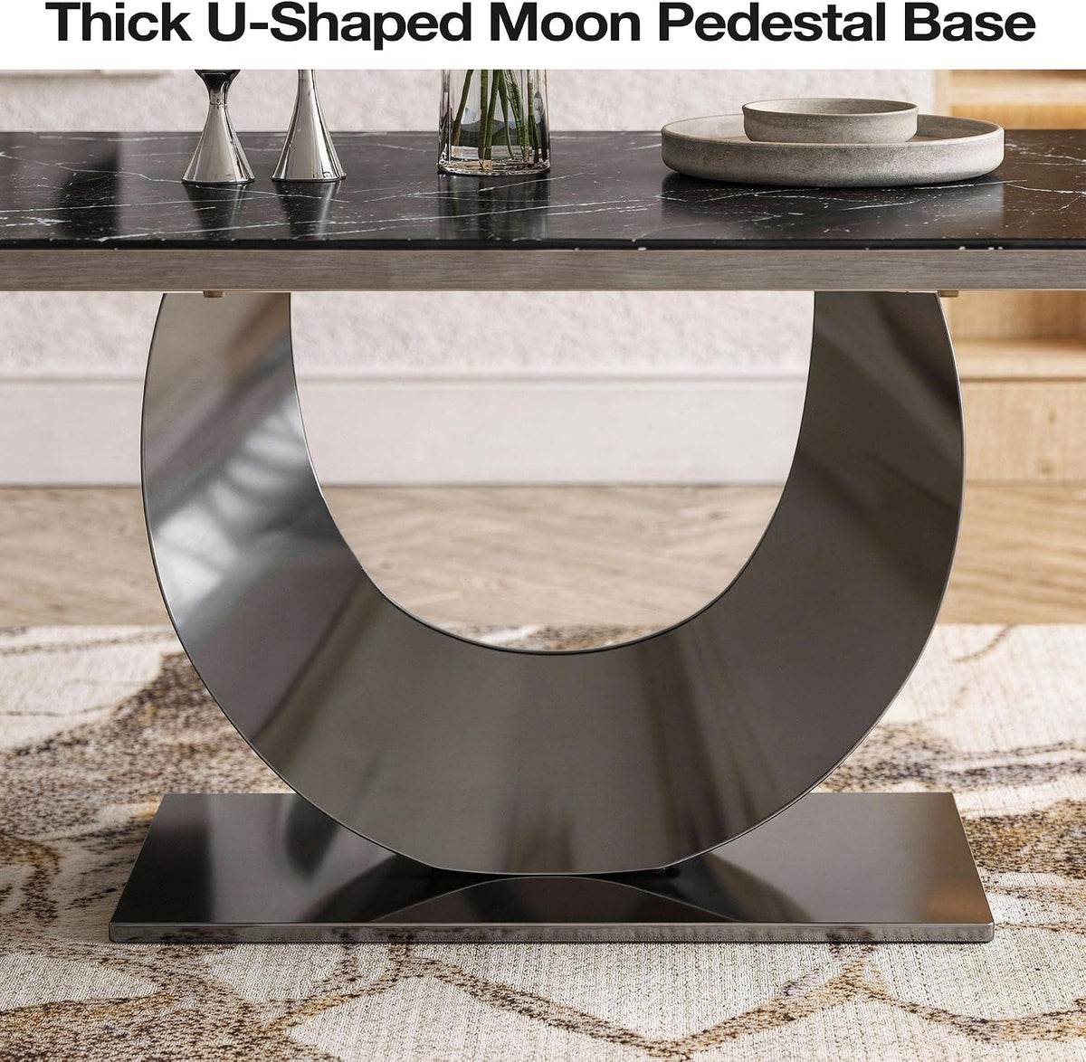 Modern Expandable Dining Table 62.99" to 94.48", 6-10" Marble Look Sintered Stone Rectangular Dining Table with Black Carbon Steel Crescent Legs, Save Dining Room Kitchen Space (Knight Black)
