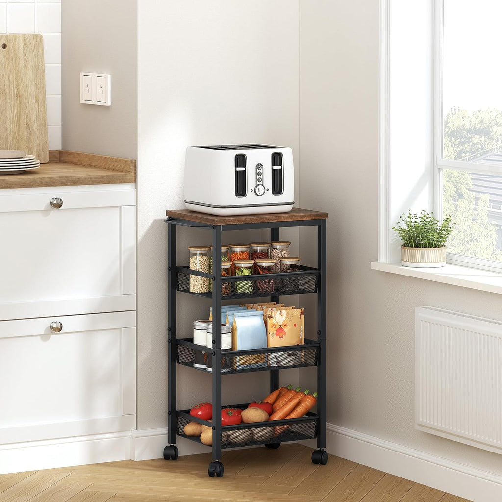 Hoctieon Rolling Storage Cart, 4-Tier 11.8" Wide Panel Kitchen Storage Cart, Utility Carts with Handle & Wheels, Mobile Shelving Unit, Metal Frame Narrow Carts for Home Kitchen, Laundry, Rustic Brown