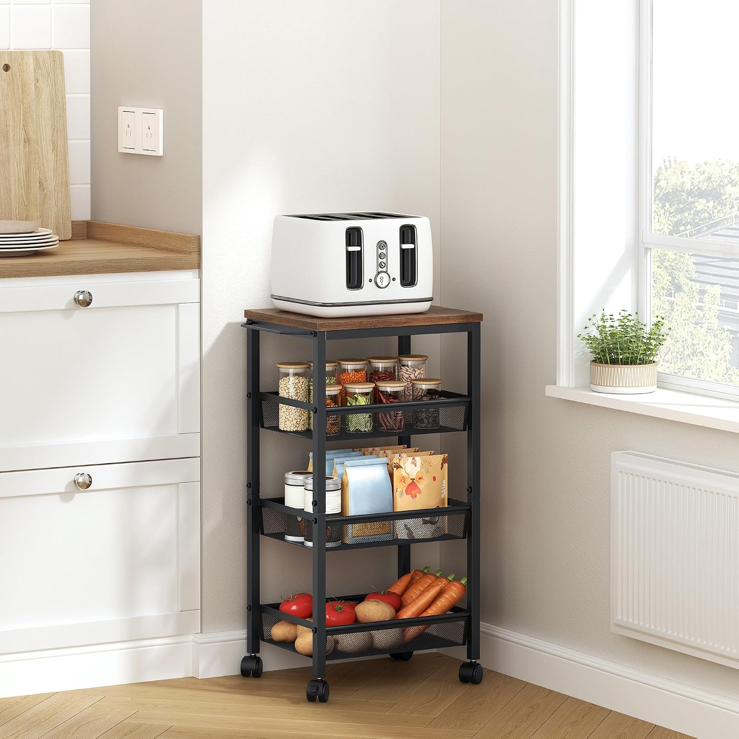 Hoctieon Rolling Storage Cart, 4-Tier 11.8" Wide Panel Kitchen Storage Cart, Utility Carts with Handle & Wheels, Mobile Shelving Unit, Metal Frame Narrow Carts for Home Kitchen, Laundry, Rustic Brown