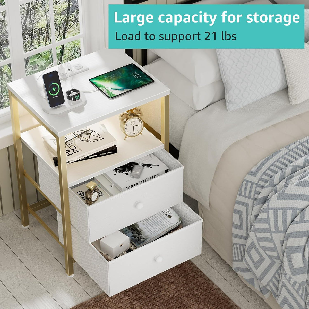 BOLUO Gold Nightstand with Charging Station, LED Night Stand with 2 Fabric Drawers, Bedside Table with USB Ports and Outlets, Nightstand for Bedroom Modern