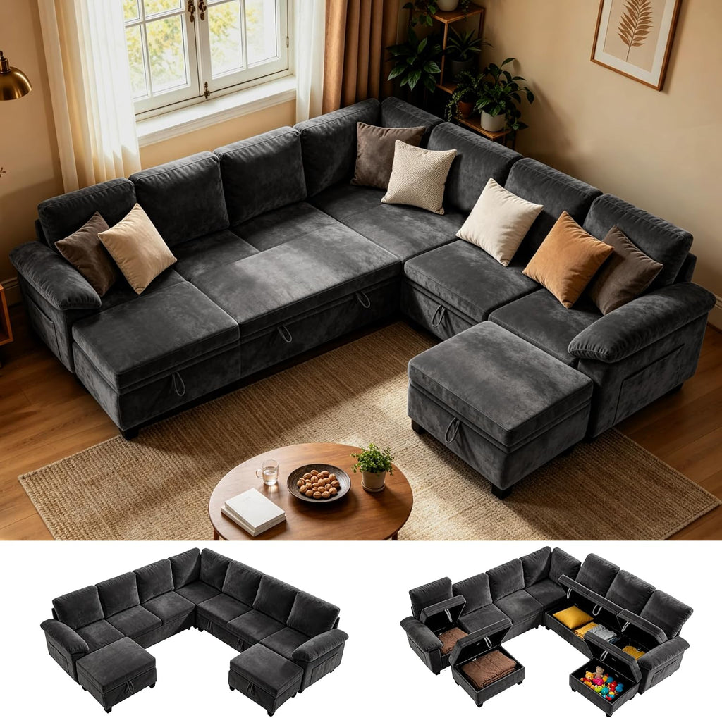 Oversized Sectional Sleeper Couch, 9 Seat Modular Sofa Pull-Out Storage Bed | MastonHome 109" U-Shaped Convertible Cloud Couch with Pillow Armrests, Chenille Fabric for Living Room, Apartment, Black