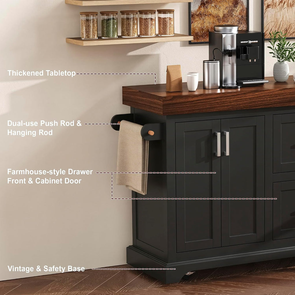53" Large Kitchen Island with 3.5" Thick Desktop, Spice and Towel Racks, Rolling Kitchen Island with Storage on 5 Wheels, 2 Extra-Large Drawers, for Home, Kitchen, Dining Room, Black