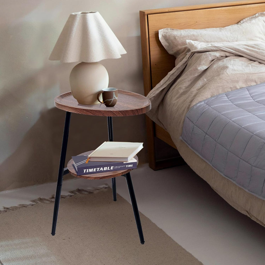 Side Table Small End Table, Oval Round Wood Sofa Table, 2 Tier Accent Table Nightstand Bedside Table with Metal Frame for Living Room, Bedroom, Small Spaces (Rustic Brown)
