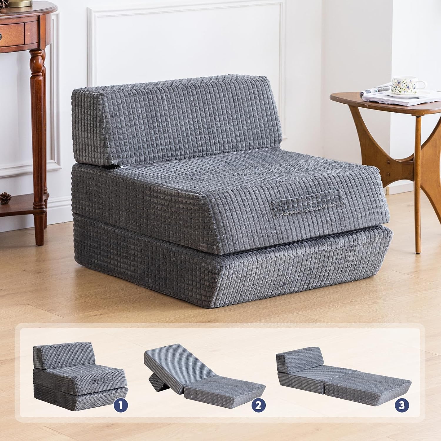 Snug Sofee Futon Sofa Bed, Convertible Sleeper Chair, Floor Mattress, Gray | Convertible futon sofa bed with removable zippered back support. Creates a comfortable floor bed for guests, living rooms.