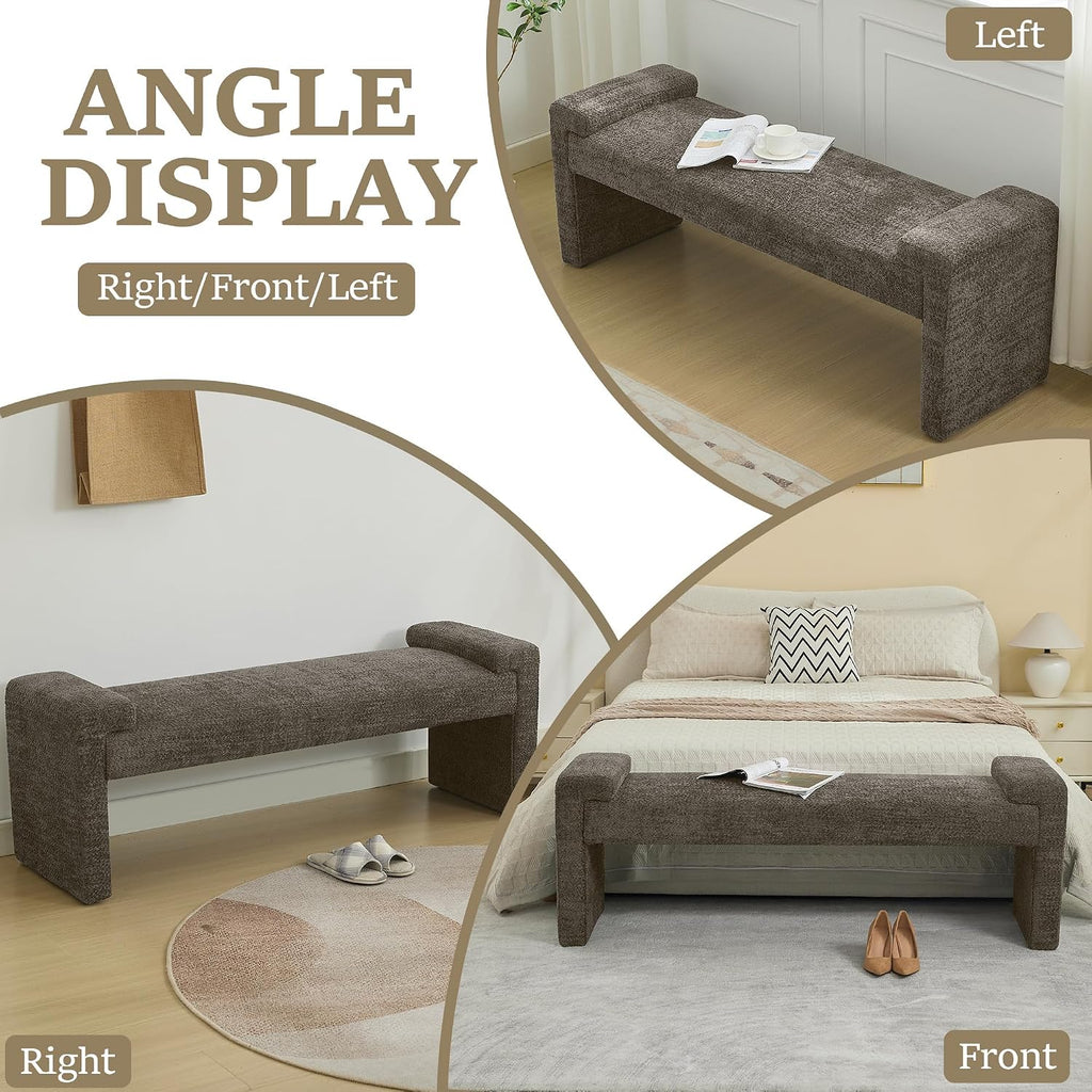 WUTUTUEE 58.7" End of Bed Bench Upholstered Modern Bedroom Bench for Living Room & Entryway, Easy Assembly, Footrest Ottoman Accent Window Bench with Solid Wood Frame & Curved Arm, Brown