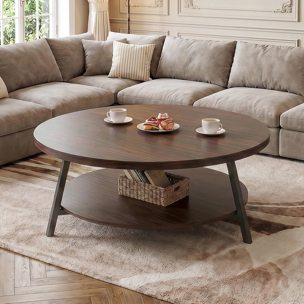 Armocity 35.4" Round Wood Coffee Table with 2-Tier Storage, 1" Thick Top