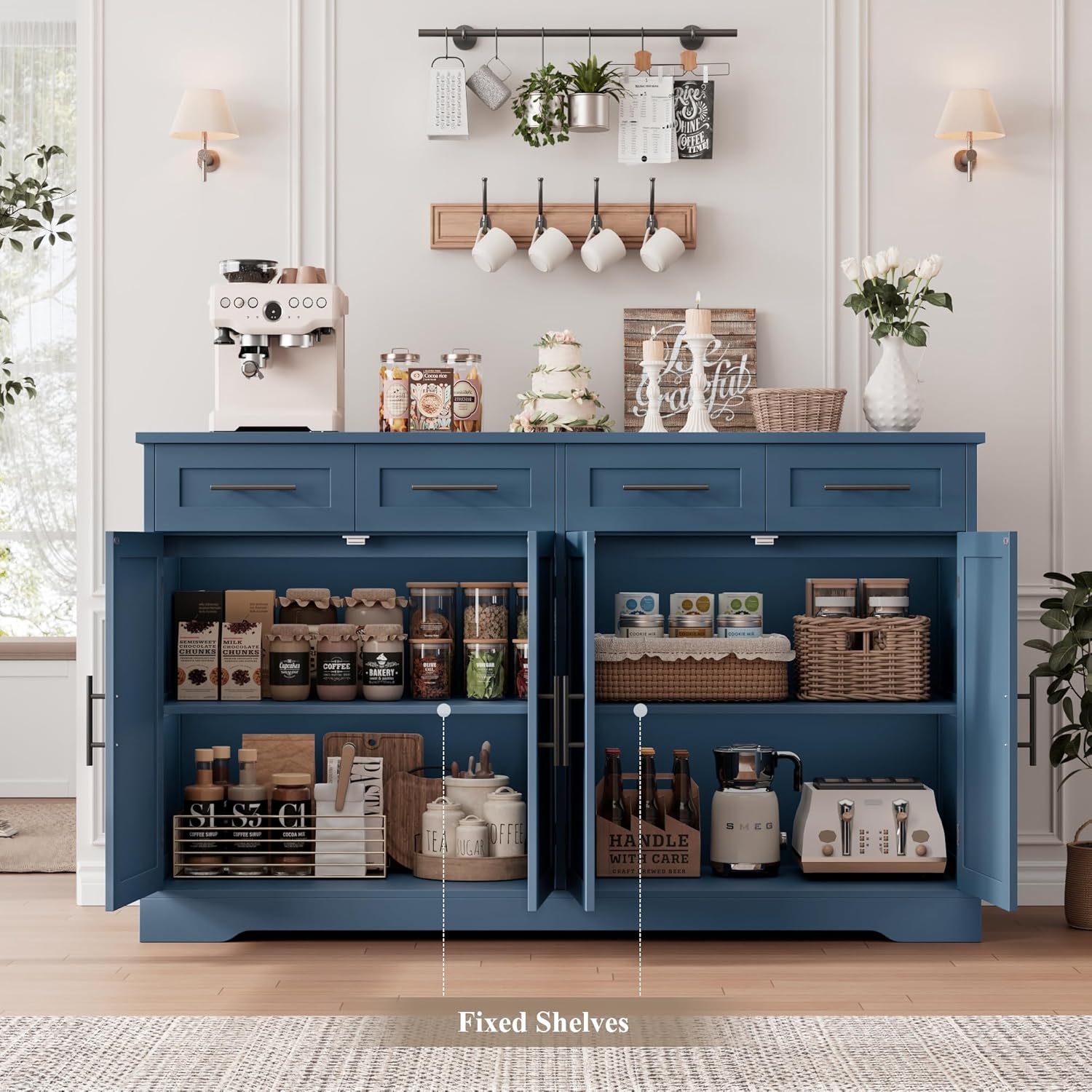 HOSTACK 60" Large Buffet Sideboard with Storage, 36" Tall Kitchen Buffet Storage Cabinet with 4 Drawers, Modern Coffee Bar Cabinet with Black Handles, Long Sideboard Buffet Table for Kichen, Blue