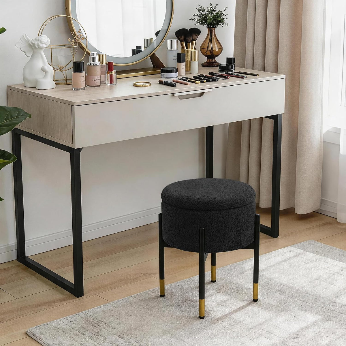 Round Ottoman with Storage,Soft Velvet Vanity Stool,Ottoman Coffee Table with Metal Legs,Foot Stool for Living Room Bedroom, Black