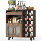 VINAEMO Coffee Bar Cabinet with 24-Cup Display, Large Drawer & Storage,Modern Buffet Sideboard for Kitchen, Medium Wooden Bar Station for Apartment，Walnut