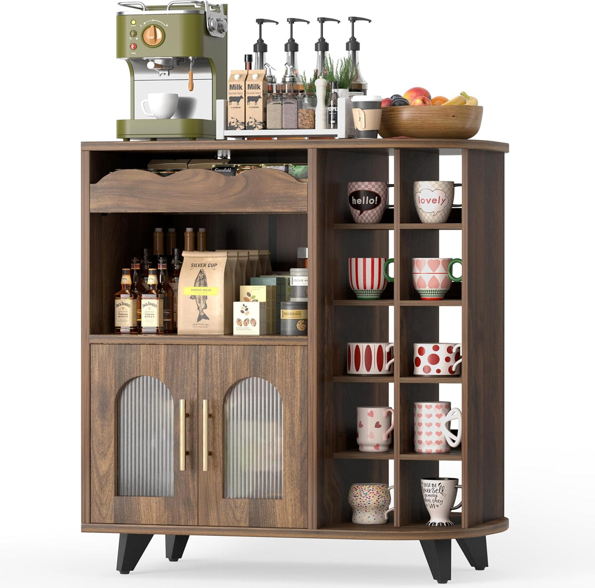 VINAEMO Coffee Bar Cabinet with 24-Cup Display, Large Drawer & Storage,Modern Buffet Sideboard for Kitchen, Medium Wooden Bar Station for Apartment，Walnut