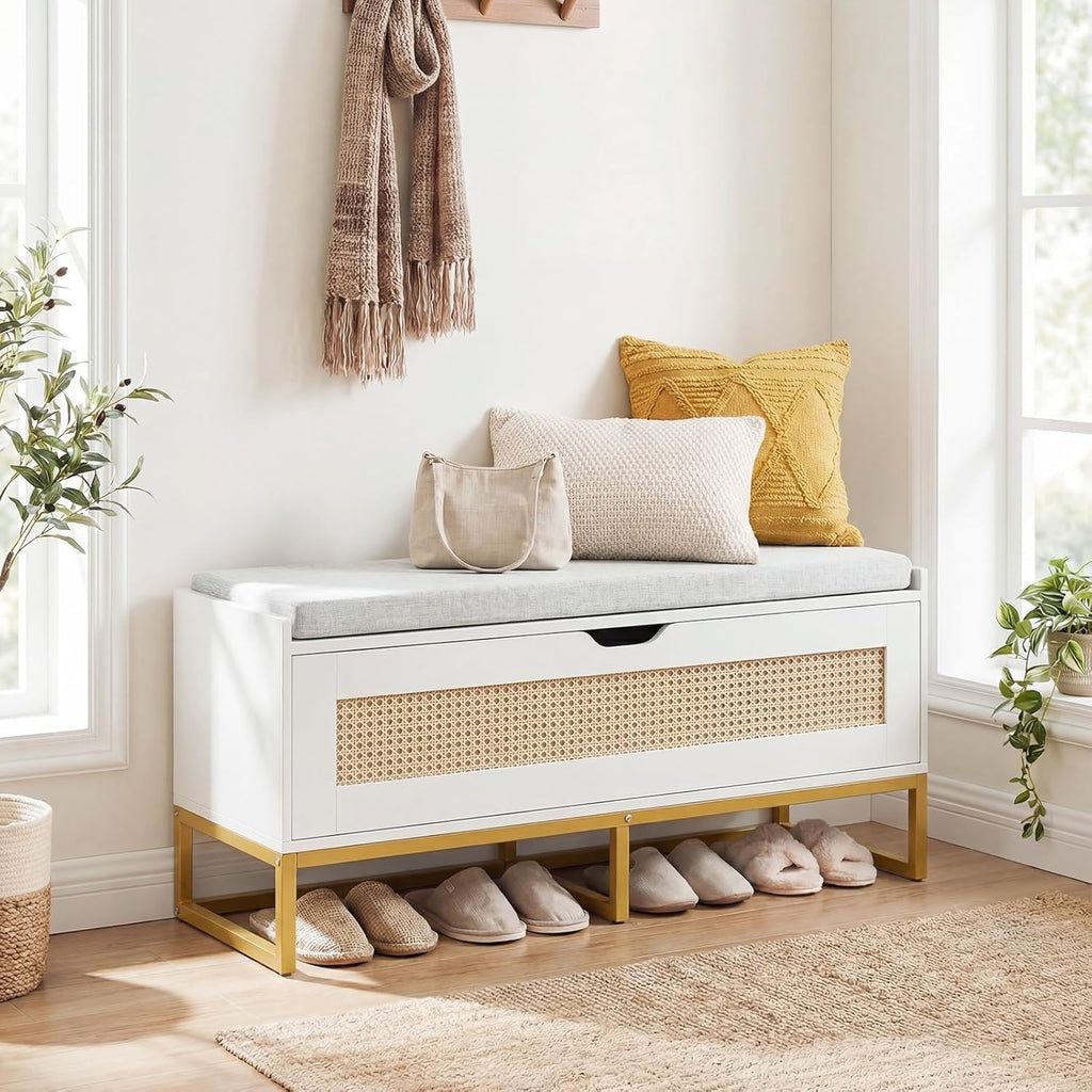 Giantex Rattan Shoe Bench, Flip-Top Entryway Bench with Removable Padded Seat & Hidden Storage, Wooden Shoe Storage Chest with Metal Legs for Bedroom, Hallway, 440 lbs Max Load (White & Gold)