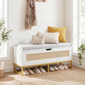 Giantex Rattan Shoe Bench, Flip-Top Entryway Bench with Removable Padded Seat & Hidden Storage, Wooden Shoe Storage Chest with Metal Legs for Bedroom, Hallway, 440 lbs Max Load (White & Gold)