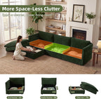 WorthFurni Modular Sectional Sofa with Storage Ottomans,103" L-Shaped Cloud Couch,Comfy Modern Couches with Pillows & Upholstered Deep Seat Cushion for Apartment Living Room Bedroom（Green）