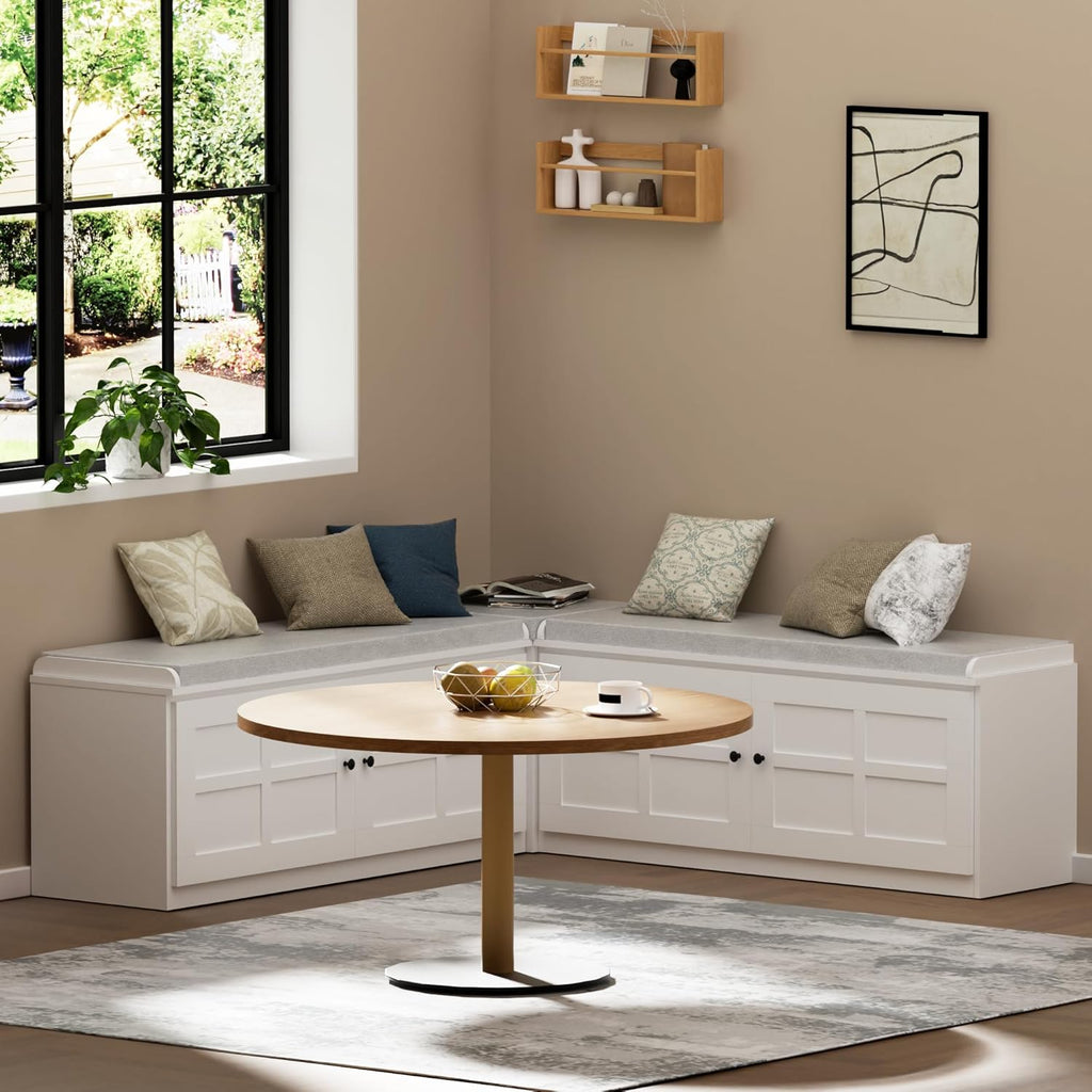 63 inches L-Shaped Storage Bench with Cushion Seat Corner Dining Bench with Hidden Storage Wooden Backless Bench for Entryway Dining Room Kitchen,White