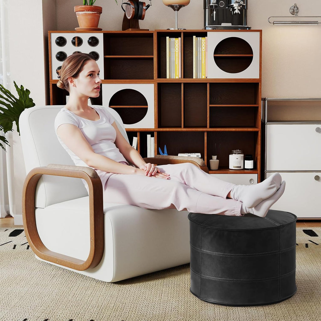 Couchus Genuine Leather Ottoman, Square Pouf Footstool (Round, Black) | Modern Upholstered Ottoman, Floor Pouf for Living Room, Bedroom