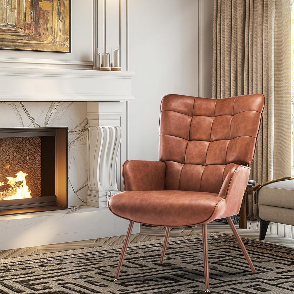 Kosydown PU Leather Wingback Accent Chair with High Back & Tufting, Brown | Comfortable single seating high back armchair with elegant tufted leather for living room, bedroom, office & reading room.