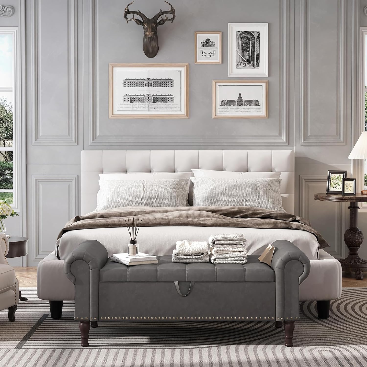 Apicizon 51” Bench with Storage, Upholstered Tufted Button Bedroom Bench with Storage, Faux Leather End of Bed Bench with Rolled Arms, Storage Ottoman Bench for Bedroom, Living Room, Entryway, Gray