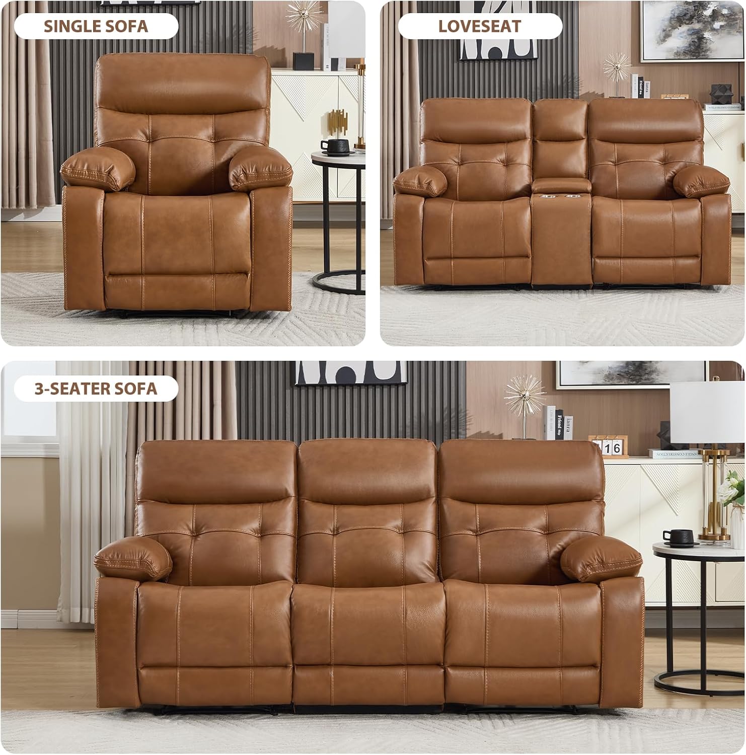 CANMOV Genuine Leather Power Recliner Loveseat, 2 Seat Loveseat Reclining Sofa with Storage Console,Hidden Cup Holders,Modern Electric Recliner Couch Set for Living Room, Bedroom,Brown