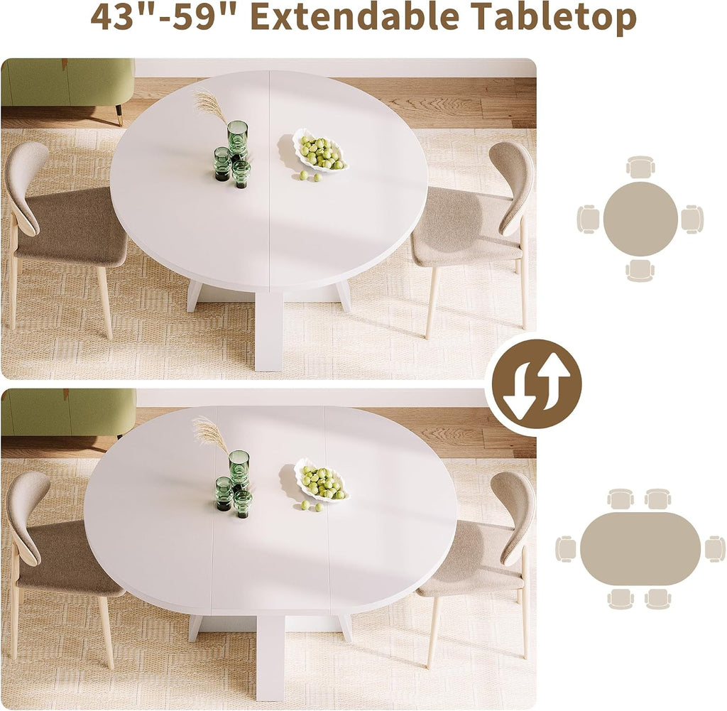 iPormis 43.3in-59in Extendable Round Dining Table for 4-6, Modern Wooden Kitchen Table for Dining Room, Adjustable Size Oval Circle Dinner Tables Furniture for Kitchen Living Room, White