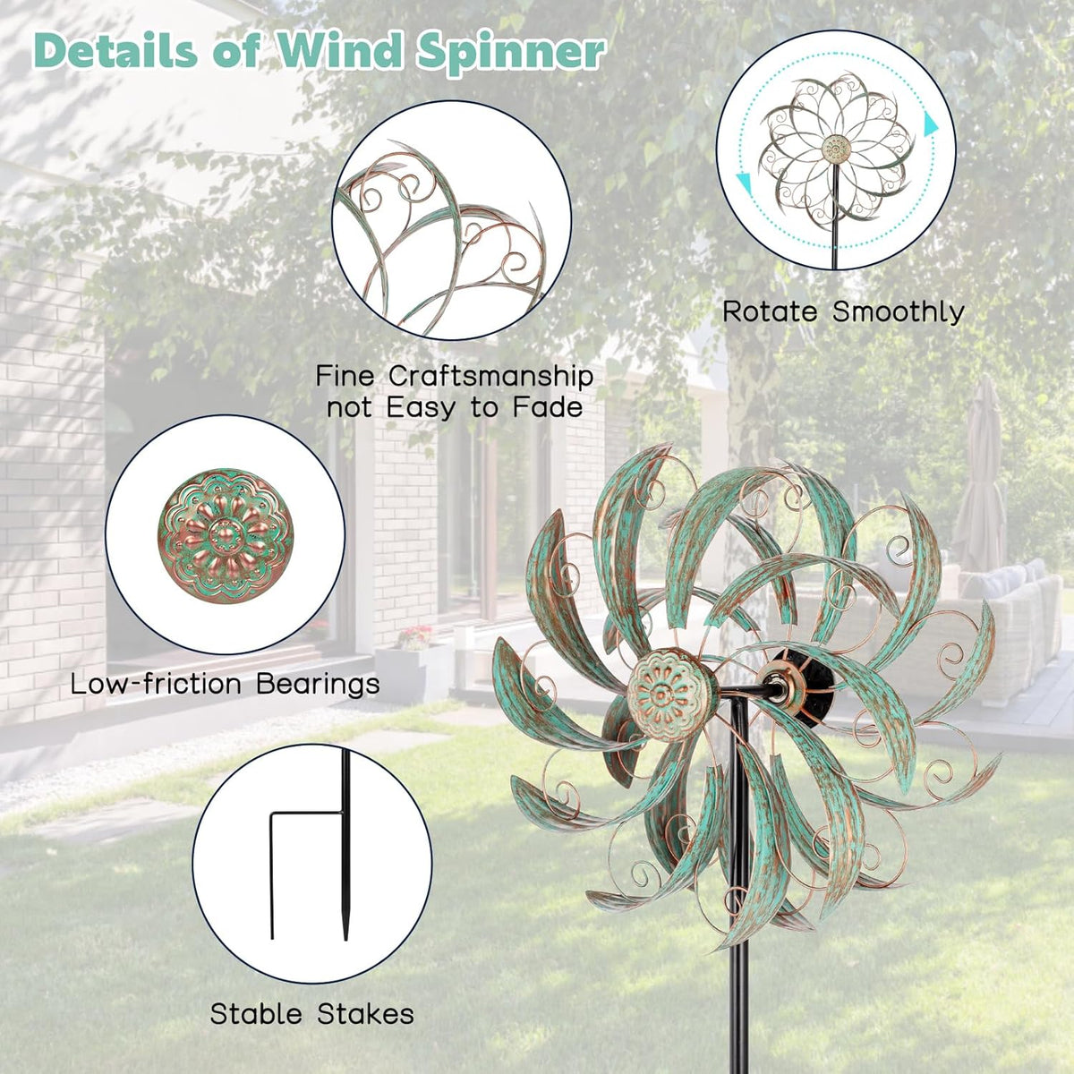 Wind Spinners Outdoor Wind Spinner Metal 13” Dia Wind Spinners for Yard and Garden Decor Pinwheels Wind Sculptures & Spinners(57” H)