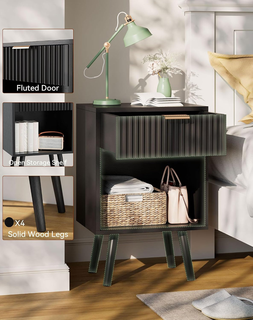 YMYNY Mid Century Modern Nightstand Set of 2, Side Table with Fluted Drawer, Open Shelf Unit, Golden Handle, Solid Wood Legs, Bedside Table, for Bedroom, Black UHST013B-2