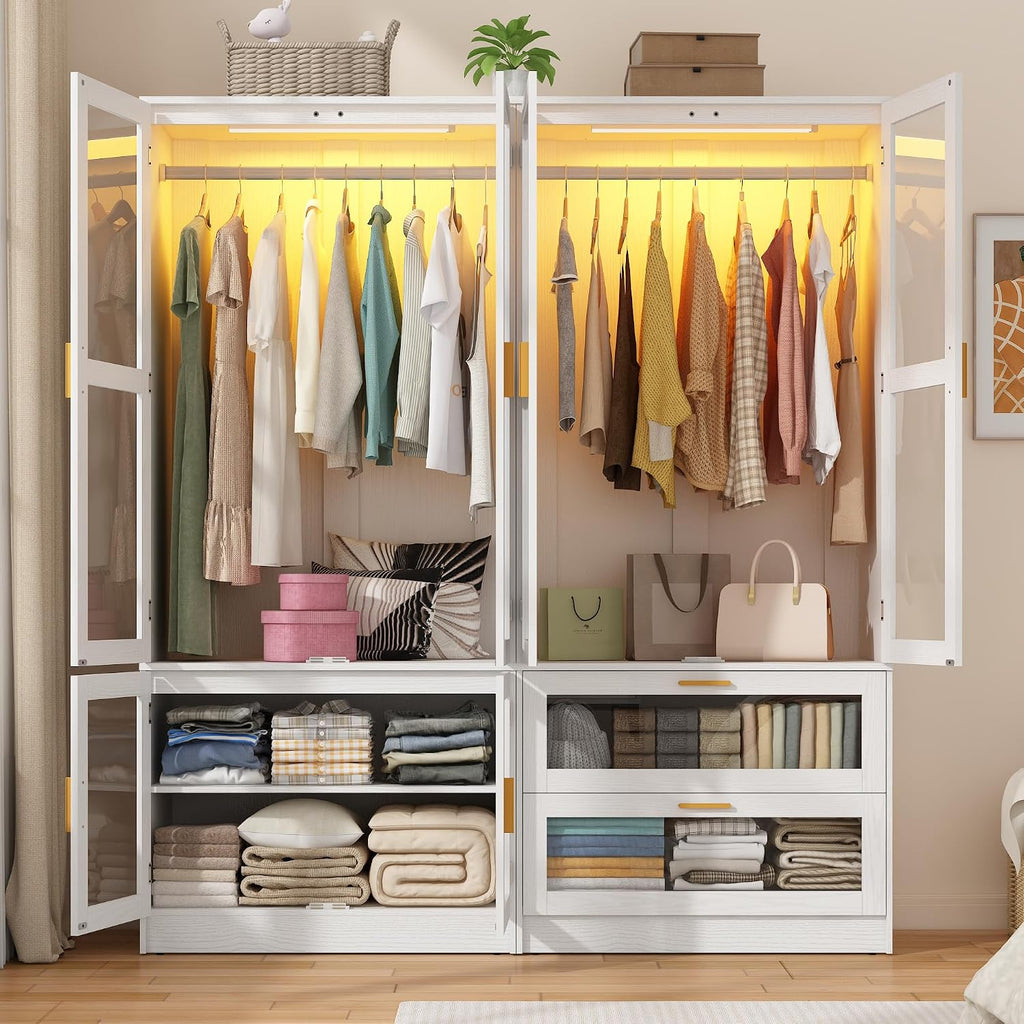 4 Doors Armoire Wardrobe Closet with LED and Mirror,71" H Freestanding Wooden Wardrobe Closet Cabinet for Bedroom w 2 Drawers,Wooden Clothing Storage Cabinet w Hanging Rod,Closets for Bedroom(White)