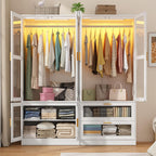 4 Doors Armoire Wardrobe Closet with LED and Mirror,71" H Freestanding Wooden Wardrobe Closet Cabinet for Bedroom w 2 Drawers,Wooden Clothing Storage Cabinet w Hanging Rod,Closets for Bedroom(White)