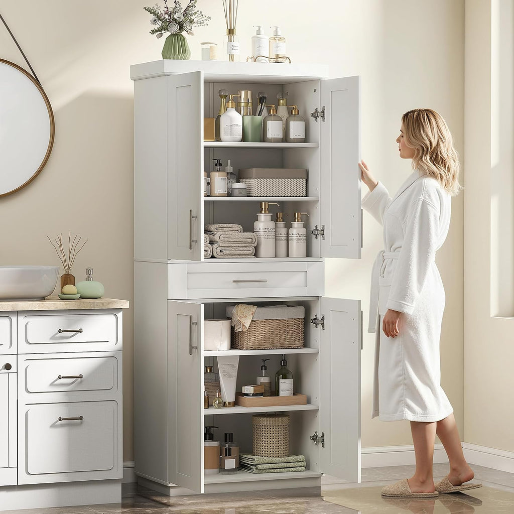 HOMCOM 72" Kitchen Pantry Cabinet Freestanding Storage Cabinet White | 4 Doors, Drawer, 3 Adjustable Shelves, for Dining Room