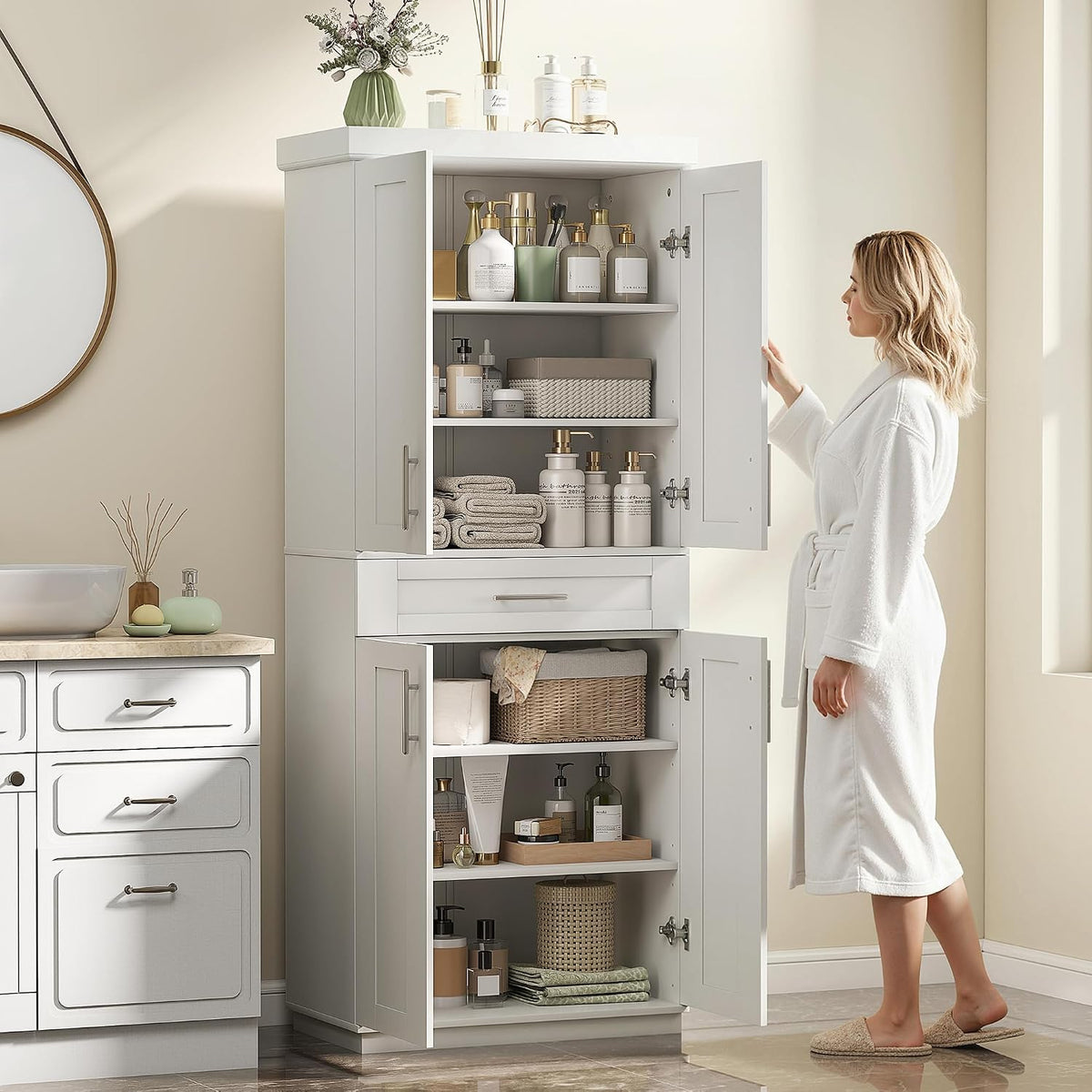 HOMCOM 72" Kitchen Pantry Cabinet Freestanding Storage Cabinet White | 4 Doors, Drawer, 3 Adjustable Shelves, for Dining Room