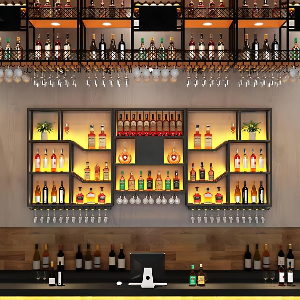 79" Large Metal Wine Rack Wall Mounted, 3 Tier Liquor Shelf & Liquor Rack Wall Mounted with LED Light, Bar Shelf for Liquor Bottles & Glass Holder for Dining Room,Home Bar,Black