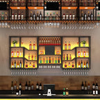 79" Large Metal Wine Rack Wall Mounted, 3 Tier Liquor Shelf & Liquor Rack Wall Mounted with LED Light, Bar Shelf for Liquor Bottles & Glass Holder for Dining Room,Home Bar,Black