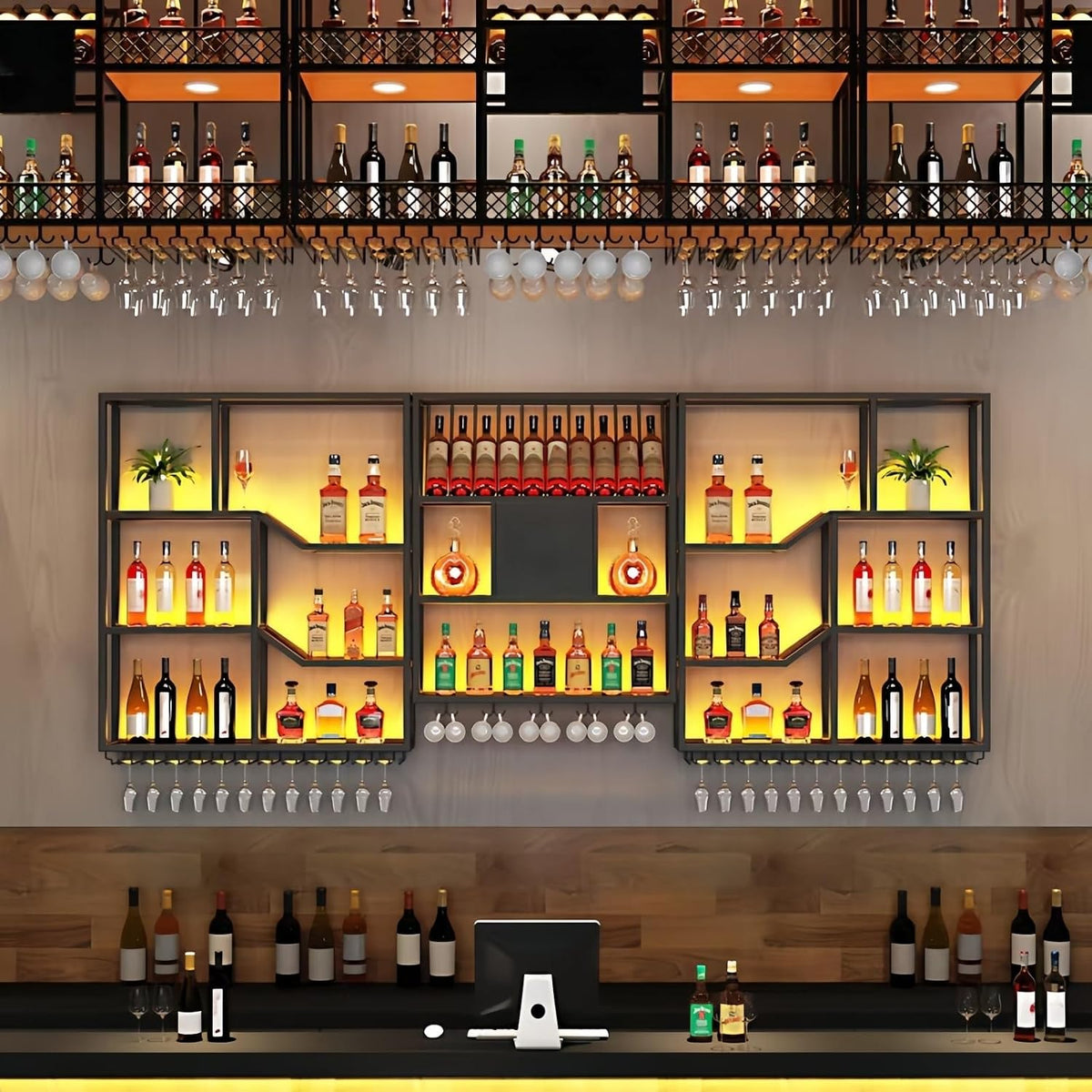 79" Large Metal Wine Rack Wall Mounted, 3 Tier Liquor Shelf & Liquor Rack Wall Mounted with LED Light, Bar Shelf for Liquor Bottles & Glass Holder for Dining Room,Home Bar,Black