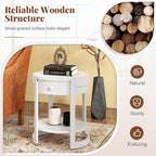 GOFLAME Round Side Table with Drawer, Retro 2-Tier Nightstand with Shelf & Wood Grains, Vintage Wooden Accent Table, Mid-Century Modern End Tables for Living Room, Bedroom, White