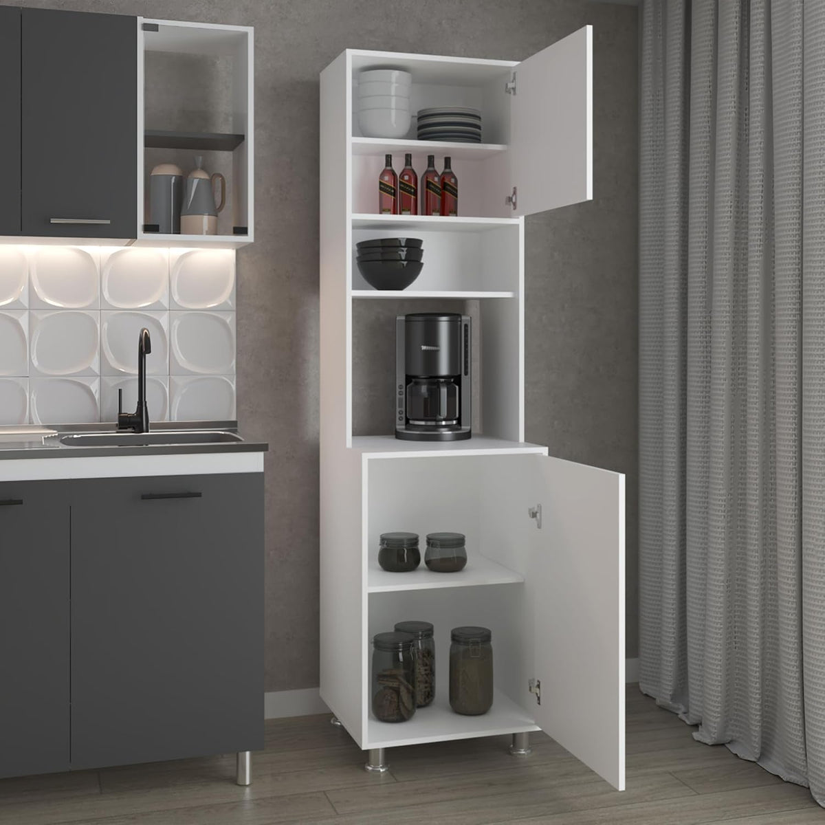 FM FURNITURE Kitchen Pantry Storage Cabinet, Freestanding Organizer with Doors and Open Shelves, Space Saving Kitchen Storage, White