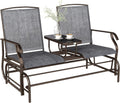 Outsunny Outdoor Glider Bench with Center Table Metal Frame Armrests Gray | Patio Loveseat, Breathable Mesh Fabric, for Backyard Garden Porch