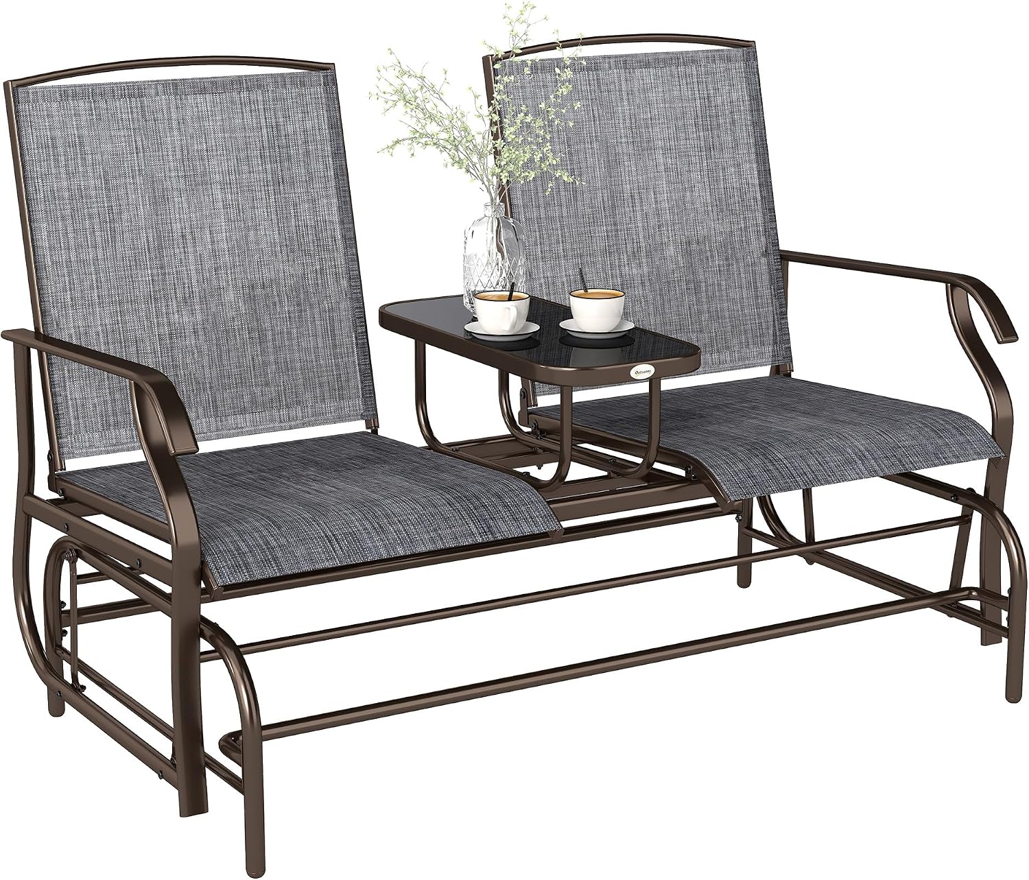 Outsunny Outdoor Glider Bench with Center Table Metal Frame Armrests Gray | Patio Loveseat, Breathable Mesh Fabric, for Backyard Garden Porch