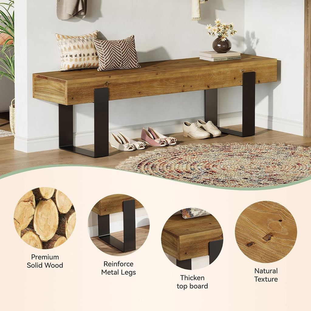 Solid Wooden Entryway Bench, 63" Farmhouse Indoor Shoe Bench with Metal Legs, Industrial Long End of Bed Stool with Seating for Entry, Hallway, Porch, Living Room, Mudroom, Easy Assembly
