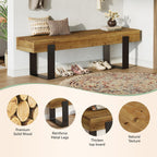 Solid Wooden Entryway Bench, 63" Farmhouse Indoor Shoe Bench with Metal Legs, Industrial Long End of Bed Stool with Seating for Entry, Hallway, Porch, Living Room, Mudroom, Easy Assembly