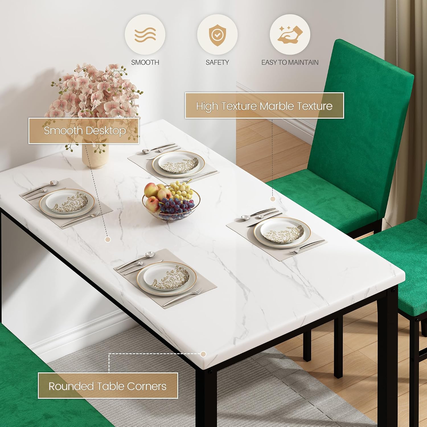 YOFE Dining Table Set for 4,Faux Marble Kitchen Table,Kitchen Table Chairs Set with Velvet Chairs,Bench with Storage Net for Dining Room,Small Apartment (Green 1+3)